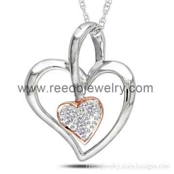 Wedding Accessories Silver Charm Necklace, Open Double Heart CZ Pendant Necklace
